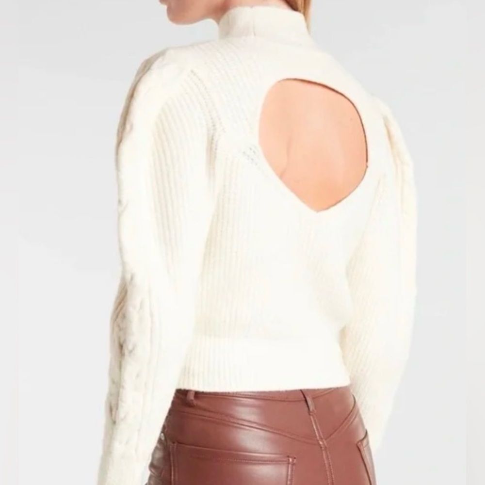 EXPRESS Ivory Mock Neck Back Cutout Puff Sleeve Cropped Sweater - Picture 2 of 8